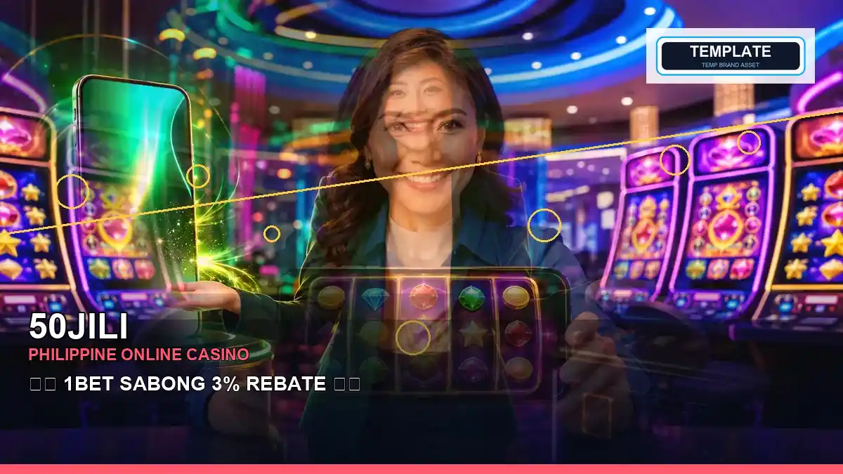 50JILI Philippines casino guide with centered coins casino cashback rewards and an adult Filipina casino host